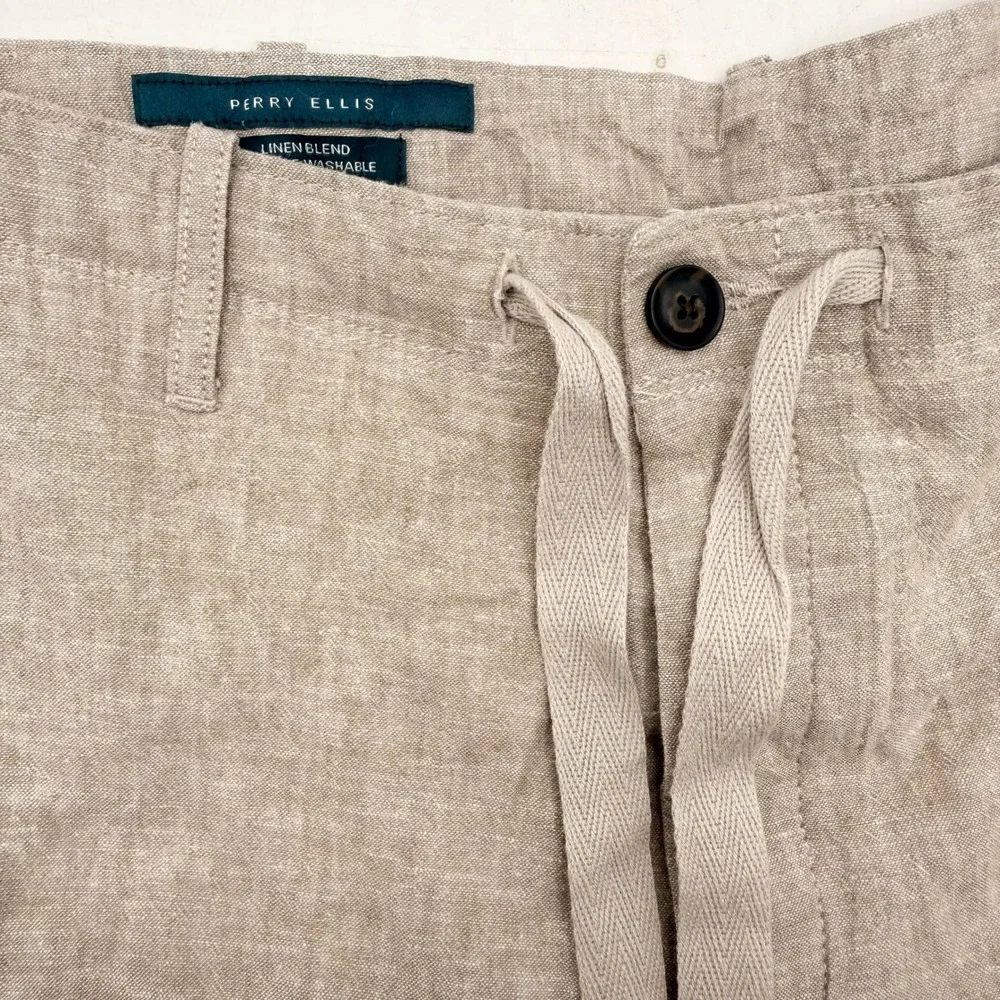Perry Ellis Linen Blend Pants Mens 32x32 Beige Drawstring Casual Trousers